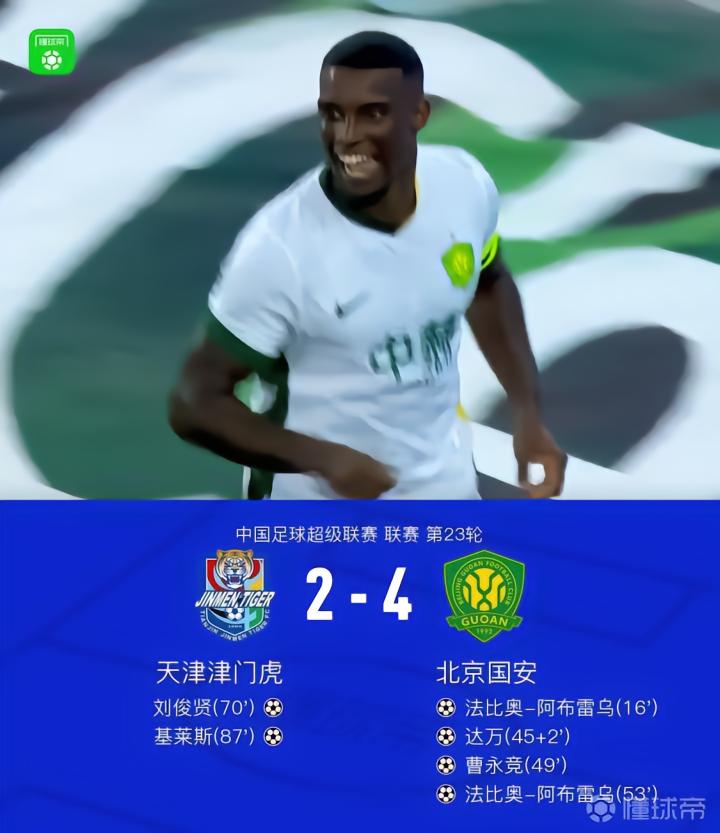国安客场4-2战胜津门虎,法比奥表现出色,助力球队三连胜